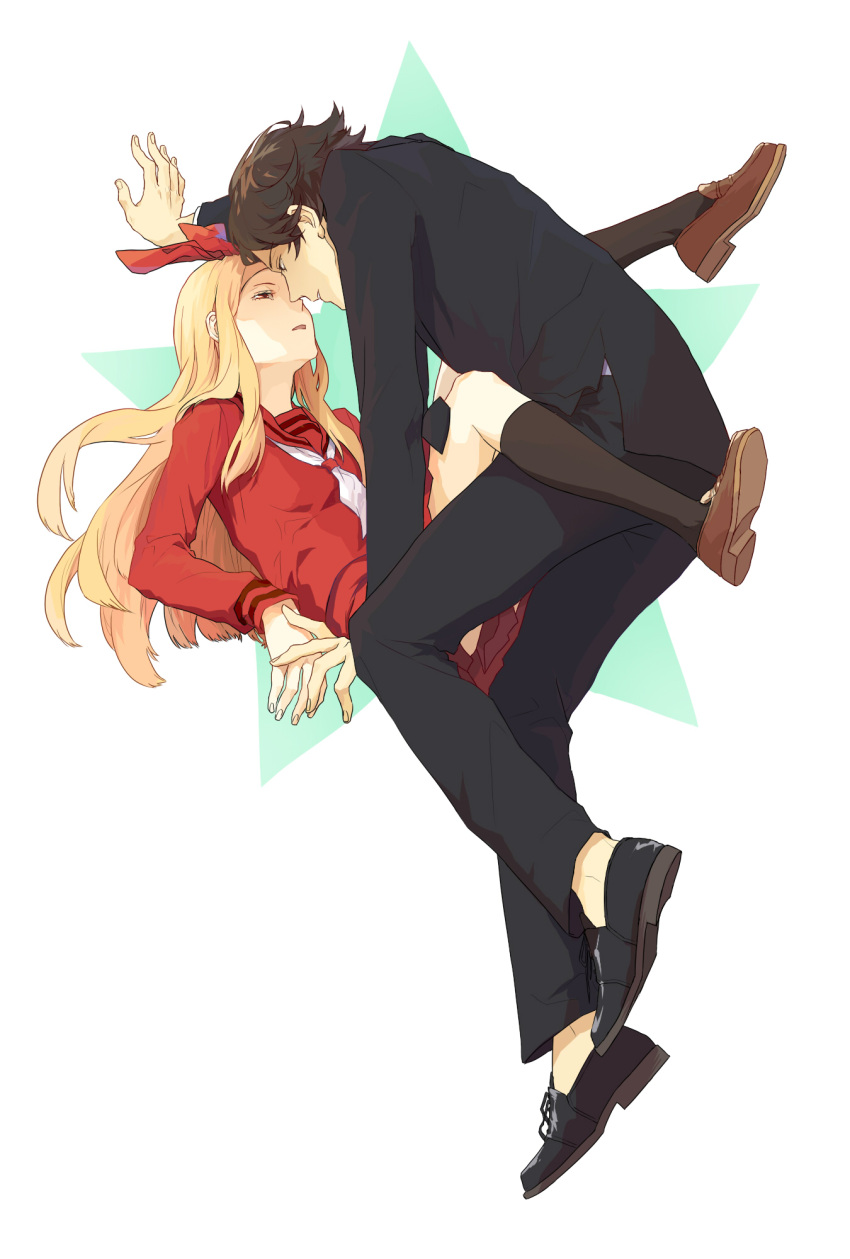 _2p_, blonde, brown_eyes, brown_hair, ginger, hairband, high_resolution, kigurumi_guardians, long_hair, pants, sasakura_hakka, school_uniform, short_hair