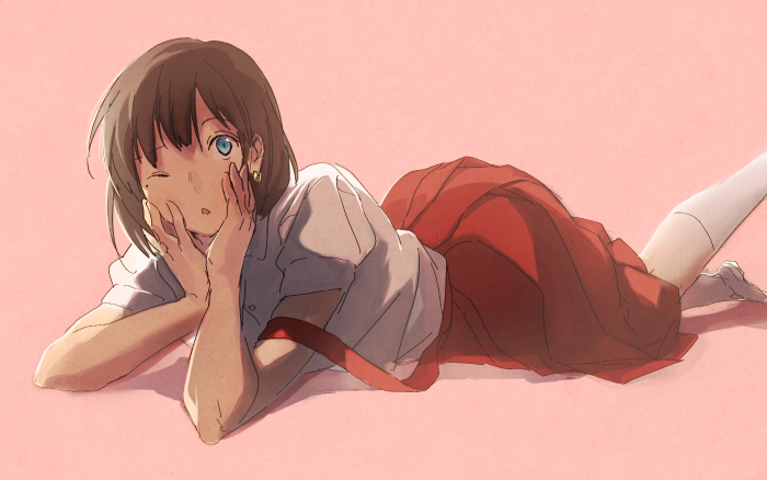 16:10_aspect_ratio, brown_hair, jewelry, kimi_to_boku., mole, one_eye_closed, rokushou_(pixiv_11836748), short_hair, skirt, takahashi_rina, wink