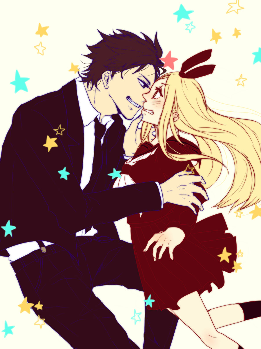 (pixiv_4276493), blonde, blush, brown_eyes, brown_hair, formal, ginger, gura_, headdress, high_resolution, kigurumi_guardians, long_hair, necktie, sasakura_hakka, school_uniform, short_hair, smile, stars, suit