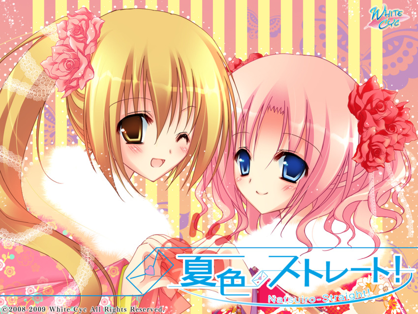 blue_eyes, brown_eyes, brown_hair, japanese_clothes, kimono, minagi_tsumuji, natsuiro_straight, pink_hair