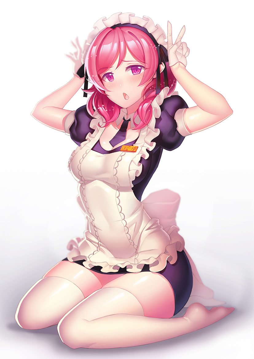 1girl, apron, black_tie, blush, breasts, double_v, dress, female