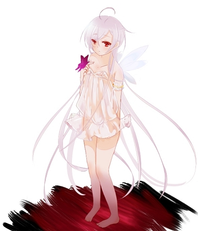 (pixiv_3752227), ahoge, barefoot, butterfly, dress, feet, low_resolution, majo_no_shinzou