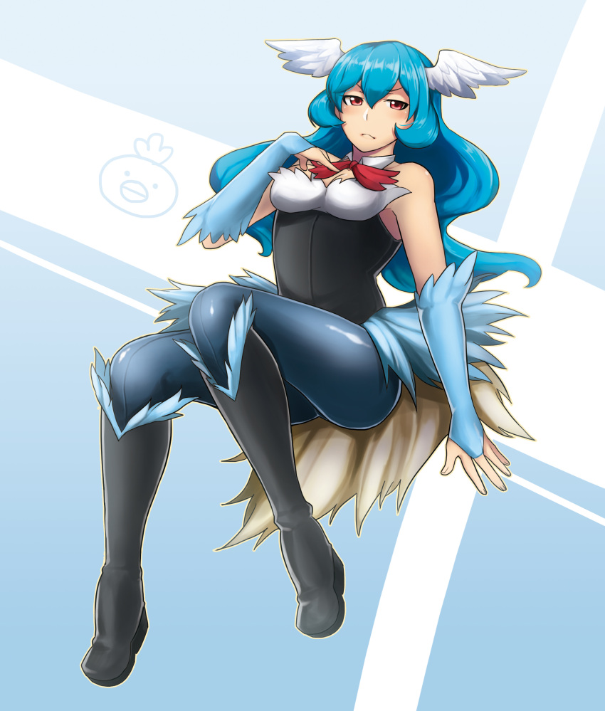 blue_hair, blush, boots, choker, etotama, high_resolution, long_hair, pantyhose, piyo-tan, red_eyes, ribbon, tail, vanilla_(pixiv_12979266), very_high_resolution, wings