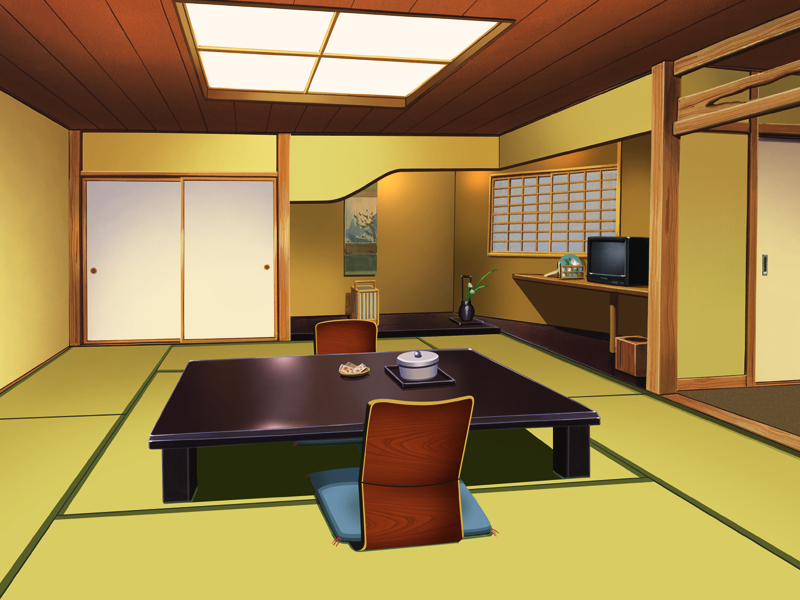 4:3_aspect_ratio, ceiling, chair, door, flower, fusuma, gibo_shimai_slg, hanging_scroll, japanese_style_room, selen, shoji, table, tatami, television, tokonoma, vase, zabuton