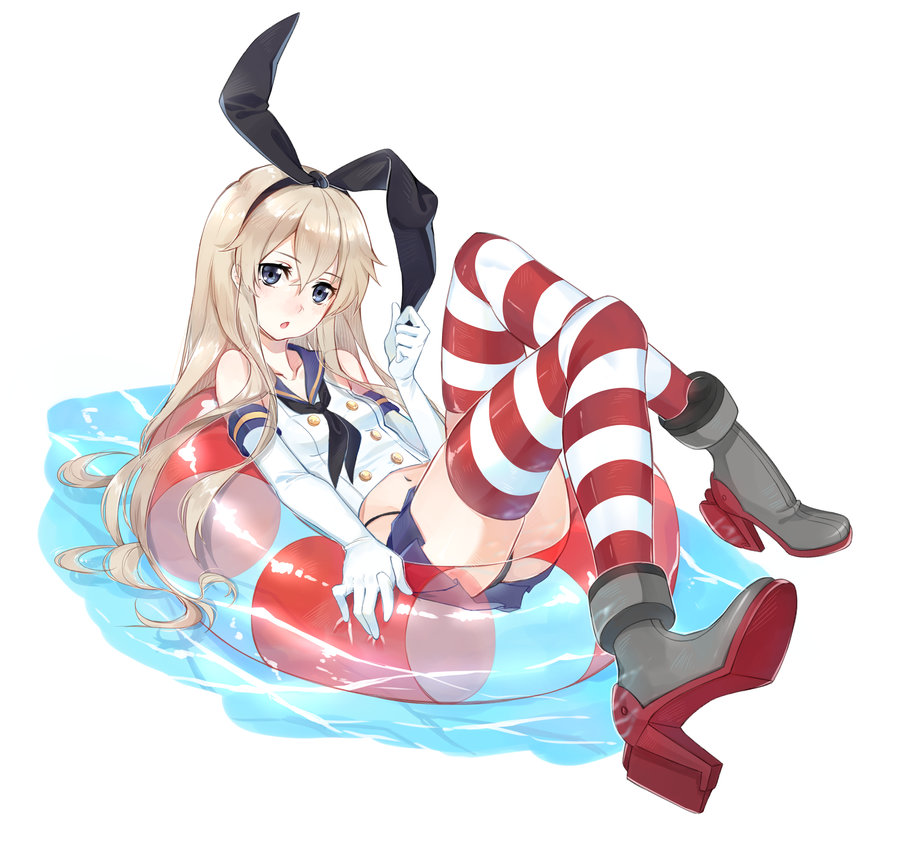 anthropomorphization, bikini, blonde, blue_eyes, boots, gloves, hairband, kantai_collection