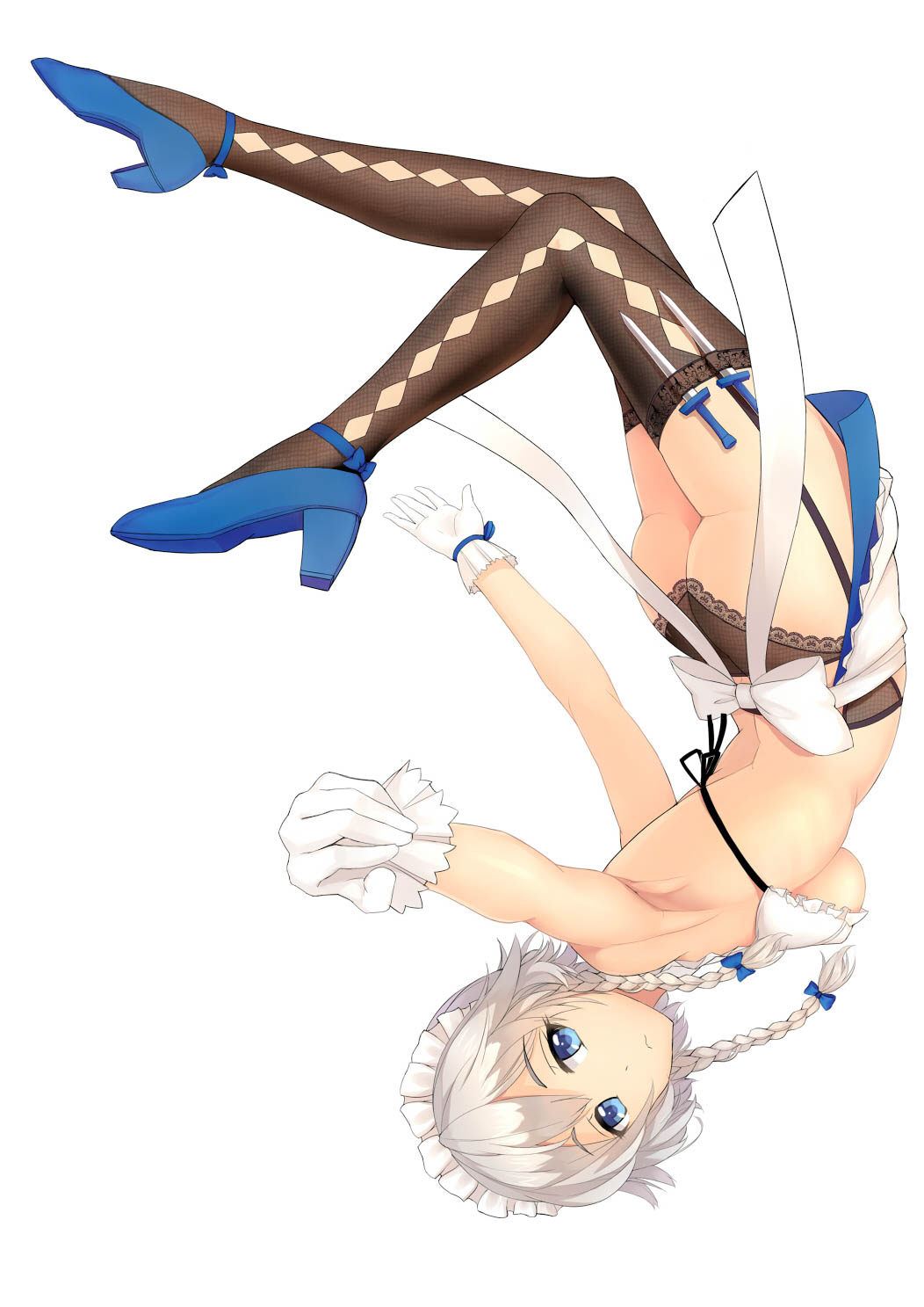1girl, apron, armpits, ass, black_legwear, black_panties, blue_eyes, bra