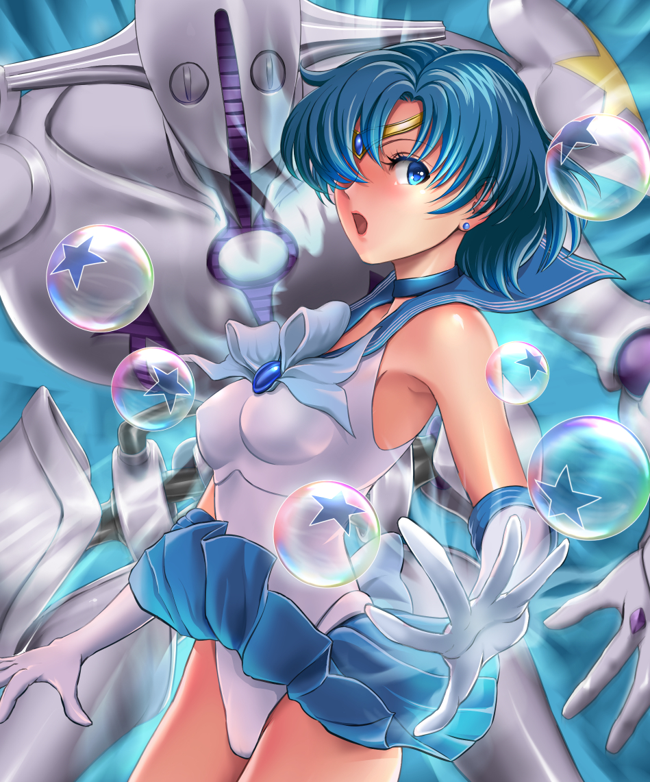 :o, bishoujo_senshi_sailor_moon, blue_eyes, blue_hair, bubble, earrings, gloves, hair_over_one_eye