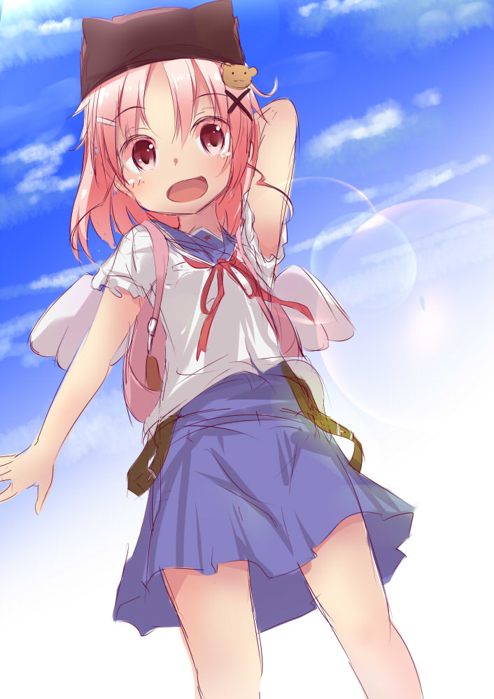 blue_sky, gakkou_gurashi!, hair_ornament, hairclip, hat, looking_at_viewer, open_mouth, pillow_hat