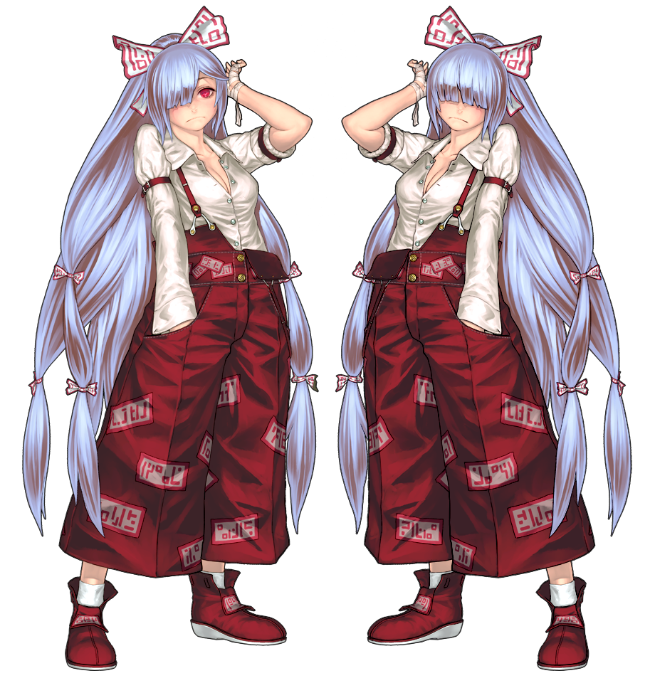 2girls, alternate_hairstyle, bandages, bangs, boots, bow, breasts, cleavage