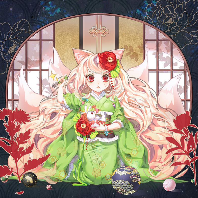 1girl, animal_ears, bowl, flower, fork, fox_ears, fox_tail, frilled_kimono