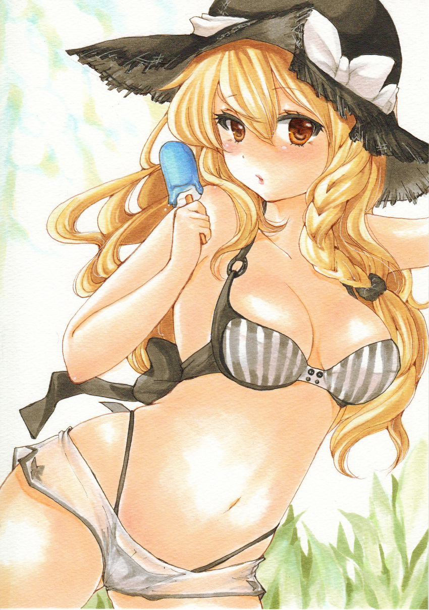 1girl, absurdres, bikini, black_bikini, blonde_hair, braid, breasts, collarbone, hat, highres, kirisame_marisa, large_breasts, long_hair, looking_at_viewer, marker_(medium), navel, popsicle, see-through, short_shorts, shorts, single_braid, solo, straw_hat, swimsuit, touhou, traditional_media, witch_hat, yellow_eyes, yurun