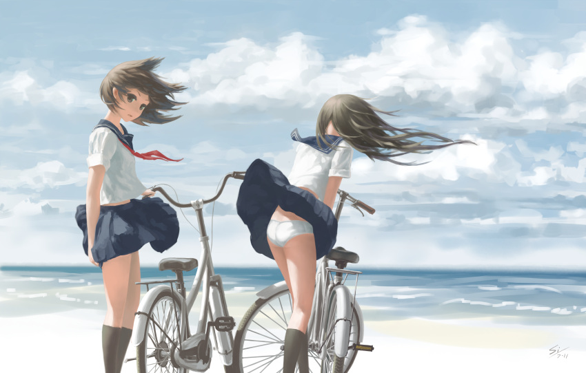 2girls, ass, bicycle, black_eyes, black_hair, highres, long_hair, multiple_girls