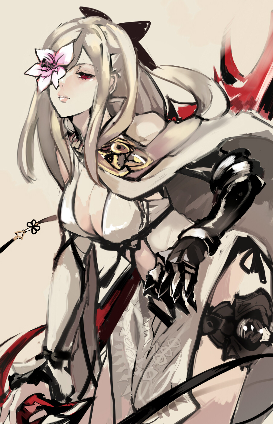 1girl, breasts, cleavage, drag-on_dragoon_3, flower_eyepatch, gauntlets, highres, kohiu