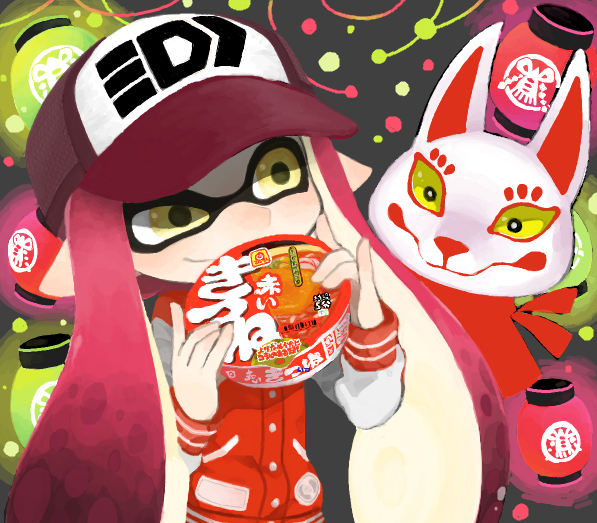 1girl, baseball_cap, domino_mask, hat, inkling, kitsune, lantern, letterman_jacket, long_hair, long_sleeves, nika_(happyakuman), paper_lantern, pink_hair, pointy_ears, solo, splatoon, uneven_eyes, yellow_eyes