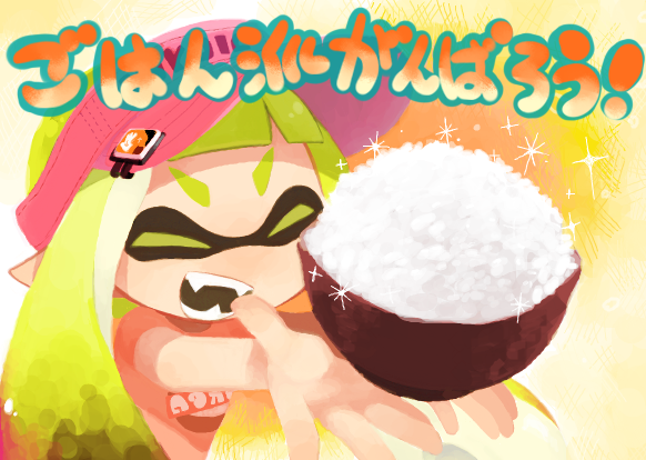 >:d, 1girl, :d, bowl, colored_eyelashes, domino_mask, green_hair, inkling