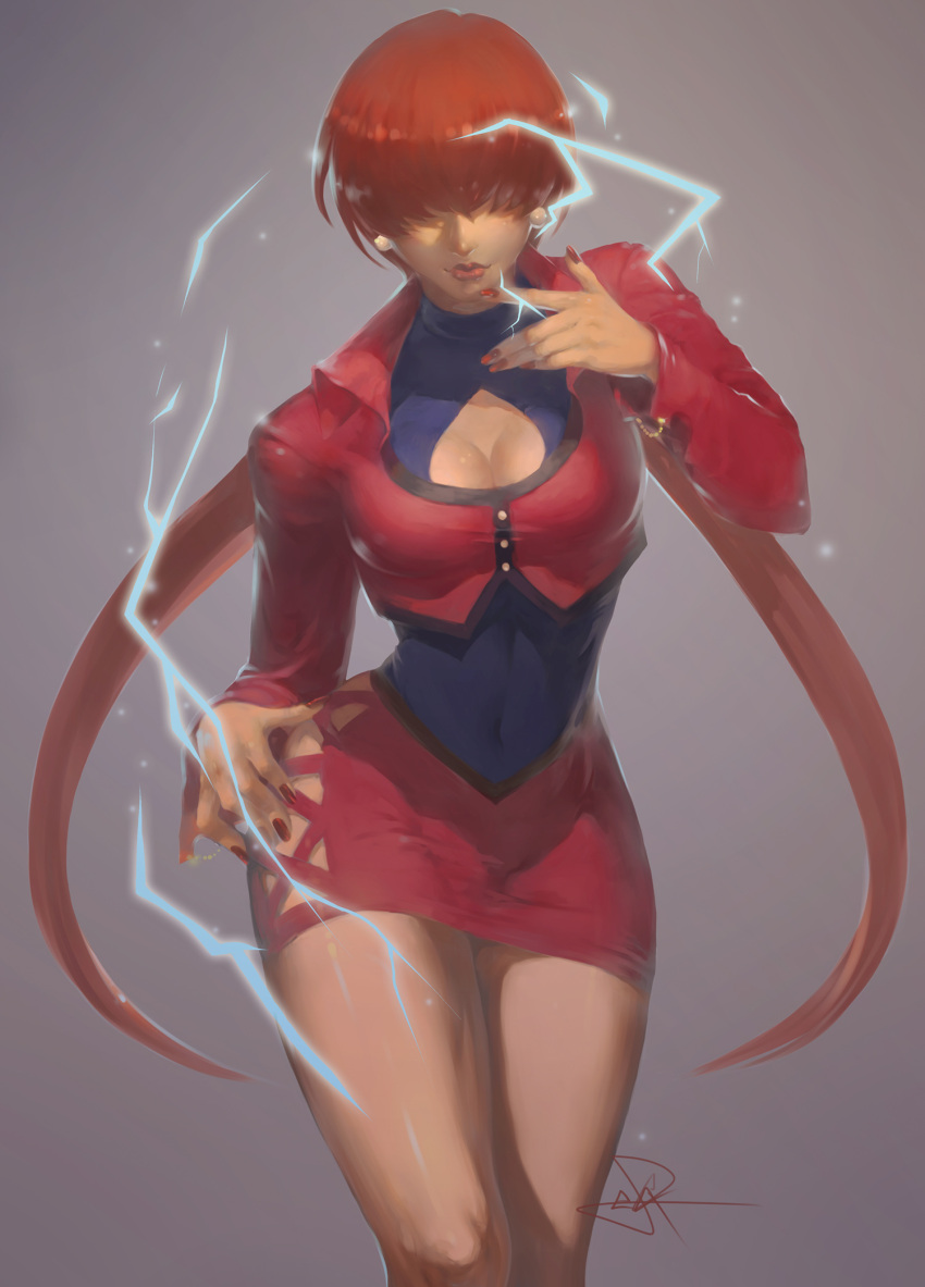 1girl, breasts, cleavage, cleavage_cutout, cropped_jacket, duck_face, earrings, electricity, hair_over_eyes, highres, huge_breasts, jewelry, king_of_fighters, large_breasts, lipstick, long_hair, makeup, miniskirt, orochi, orochi_shermie, redhead, shermie, skirt, solo, spade-m, twintails