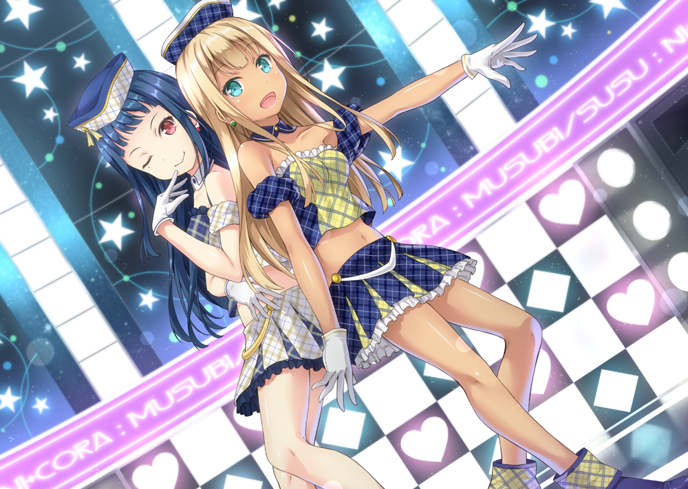 2girls, alessandra_susu, bangs, bare_shoulders, blonde_hair, blue_eyes, blue_hair, blunt_bangs