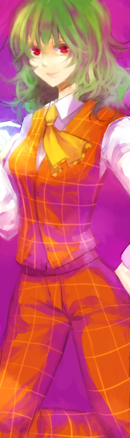 1girl, dress_shirt, green_hair, highres, kazami_yuuka, kneeling, lips, neckerchief, nr_(cmnrr), pants, plaid_pants, plaid_vest, purple_background, red_eyes, shirt, short_hair, smile, solo, touhou