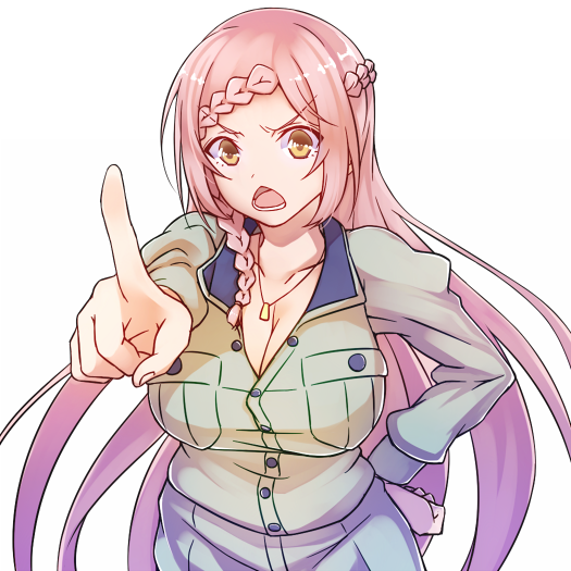 1girl, blush, braid, breasts, cleavage, hand_on_hip, large_breasts, long_hair