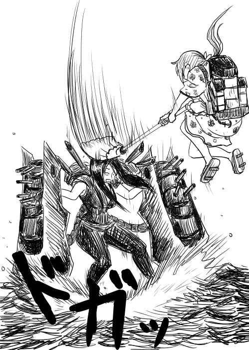 2girls, akebono_(kantai_collection), black_hair, breasts, broom, cannon, commentary_request, flower