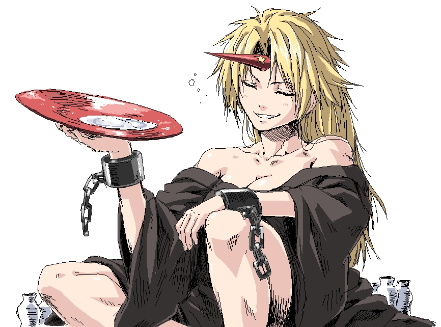 bare_shoulders, blonde_hair, bottle, breasts, cleavage, closed_eyes, cuffs, horn