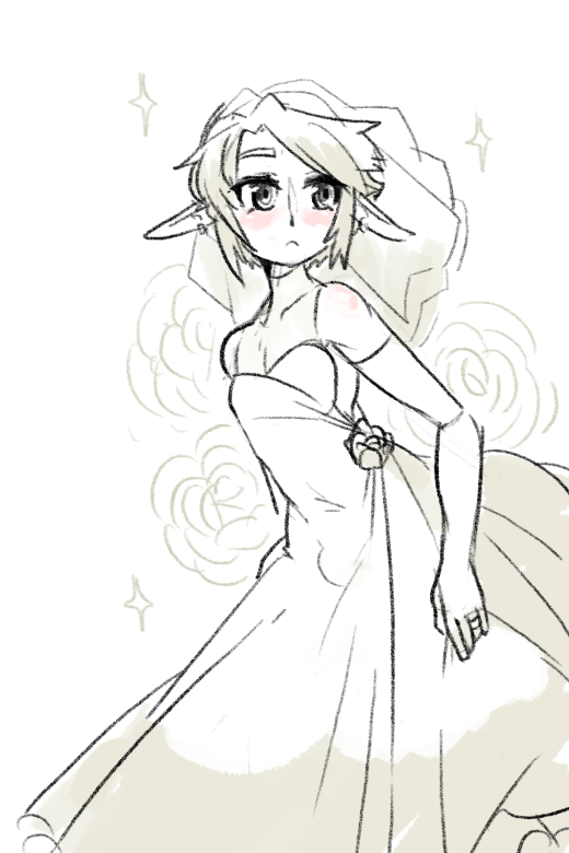 1boy, :<, blush, bridal_veil, crossdressinging, dress, earrings, elbow_gloves