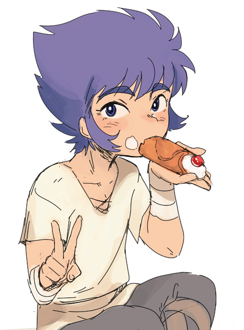 1boy, blue_eyes, blue_hair, cancer_deathmask, cannoli, cream_on_face, crossed_legs, eating