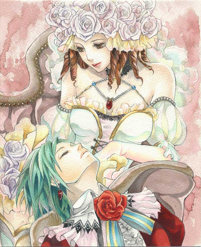 2girls, asellus_(saga_frontier), brown_hair, closed_eyes, curly_hair, dress, earrings, eyelashes