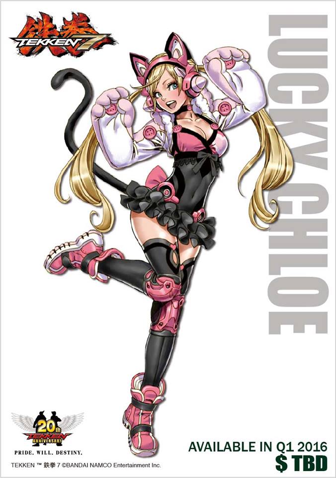 1girl, animal_ears, black_legwear, blonde_hair, blue_eyes, breasts, cat_ear_headphones, cat_ears, cat_tail, choker, cleavage, covered_navel, frills, full_body, gloves, knee_pads, kotobukiya, leotard, long_hair, lucky_chloe, medium_breasts, namco, open_mouth, paw_gloves, paw_pose, shoes, sneakers, solo, standing_on_one_leg, tail, tekken, tekken_7, thigh-highs, twintails, yamashita_shun'ya