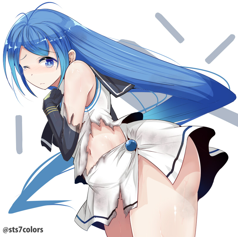 1girl, bangs, blue_eyes, blue_hair, burnt_clothes, elbow_gloves, gloves, kantai_collection