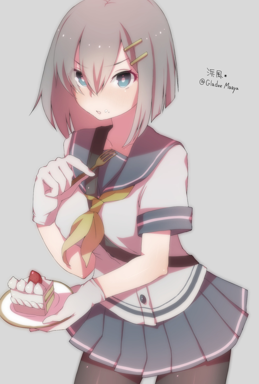 1girl, black_legwear, blue_eyes, cake, character_name, collarbone, cowboy_shot, food