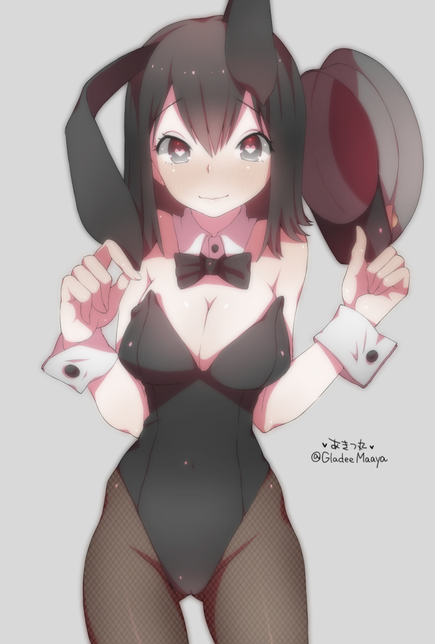 1girl, akitsu_maru_(kantai_collection), animal_ears, black_eyes, black_hair, blush, bowtie, breasts