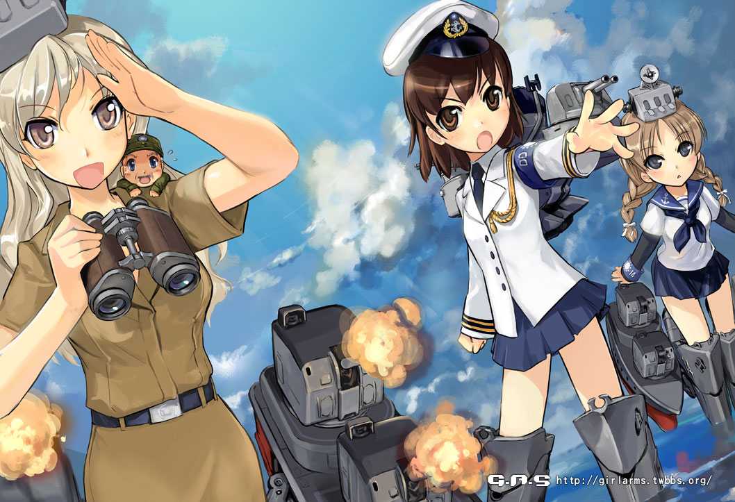 armband, binoculars, blonde_hair, braid, brown_eyes, brown_hair, chiang_kai-shek, destroyer
