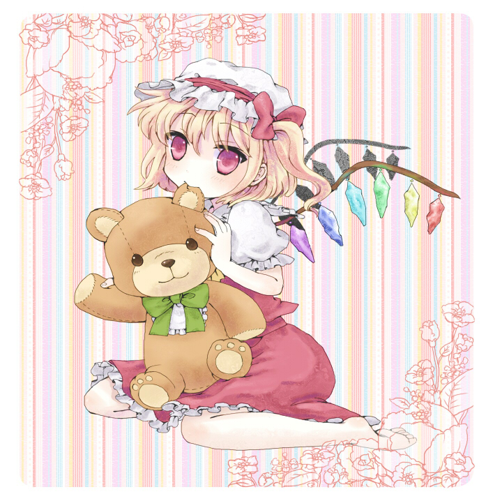 blonde_hair, flandre_scarlet, hat, keru, ponytail, red_eyes, short_hair, side_ponytail