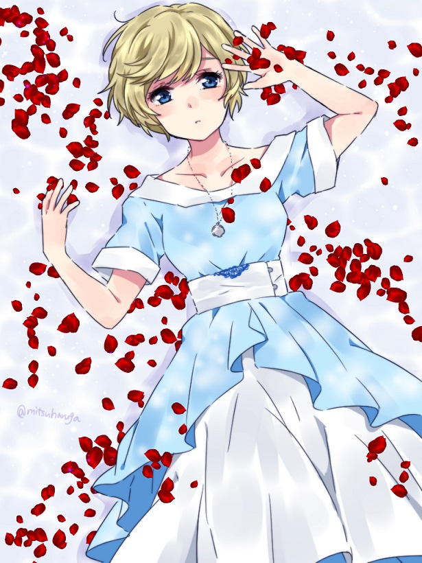 avril_bradley, blonde, blue_eyes, dress, flower, gosick, haruga_mitsu, jewelry