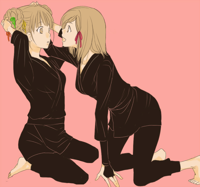 barefoot, braid, brown_eyes, brown_hair, feet, hair_bun, happy, long_hair