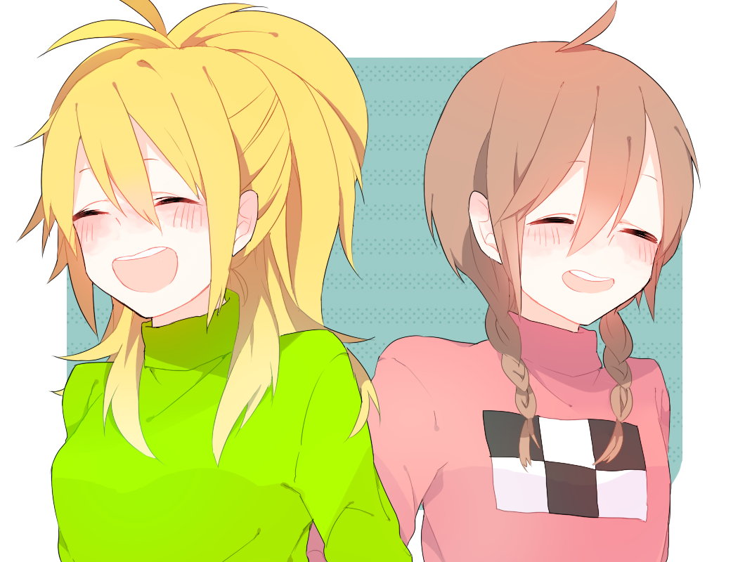 4:3_aspect_ratio, ^_^, ahoge, blonde, blush, braid, brown_hair, closed_eyes, happy, higa_(pixiv_7423433), long_hair, madotsuki, poniko, ponytail, sweater, twintails, yume_nikki