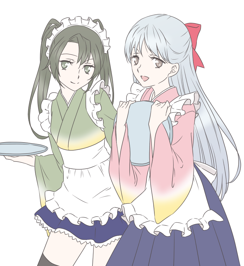 2girls, apron, black_legwear, brown_eyes, cosplay, green_eyes, green_hair, hair_ribbon