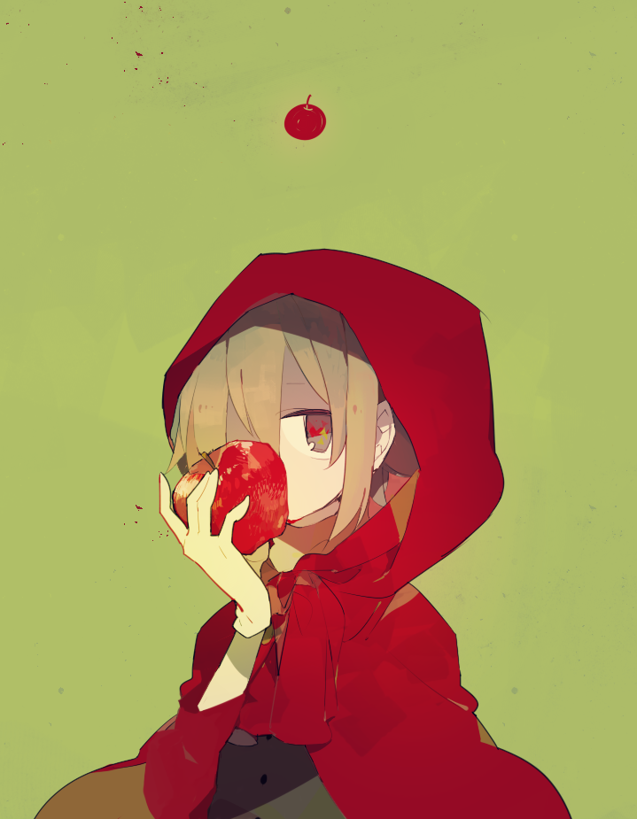 blonde, cloak, crossover, food, gloves, higa_(pixiv_7423433), hoodie, little_red_riding_hood, red_eyes, short_hair, urotsuki, yume_2kki