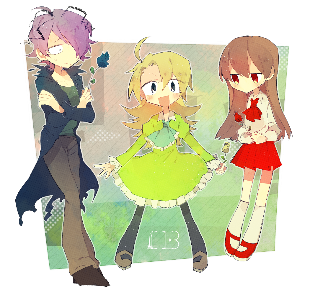 ahoge, blonde, blue_eyes, blush, brown_hair, flower, garry_(ib), group