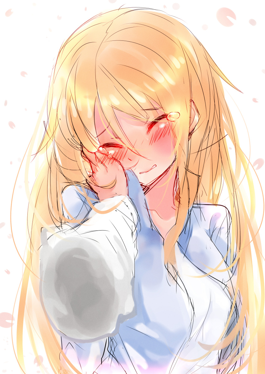 blonde, blush, cherry_blossom, crying, high_resolution, long_hair, school_uniform, shiina_mashiro