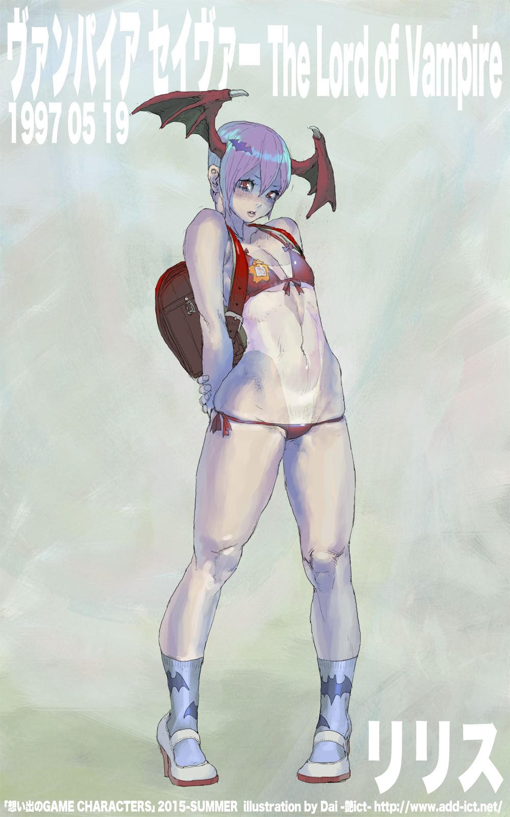 bag, bat_print, bikini, breasts, capcom, cleavage, daichan_mona, dark_skin
