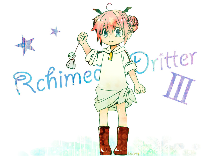 4:3_aspect_ratio, ahoge, blue_eyes, boots, braid, child, dress, hair_bun, hoodie, kumanote, pointed_ears, rain_doll, ruki, senyuu., short_hair, smile, stars, wallpaper