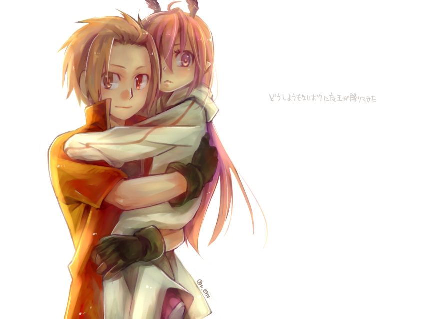 4:3_aspect_ratio, ahoge, alba, brown_eyes, brown_hair, child, dress, gloves, heterochromia, hoodie, hug, kumanote, long_hair, pink_hair, pointed_ears, red_eyes, ruki, senyuu., short_hair, smile, violet_eyes, wallpaper, wings