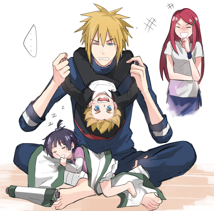 ^_^, barefoot, black_hair, blonde, blue_eyes, child, closed_eyes, feet, group, hair_ornament, hairpin, happy, long_hair, namikaze_minato, naruto, one_eye_closed, redhead, short_hair, sleeping, sweatdrop, uzumaki_boruto, uzumaki_himawari, uzumaki_kushina, wara_(waraable), wink