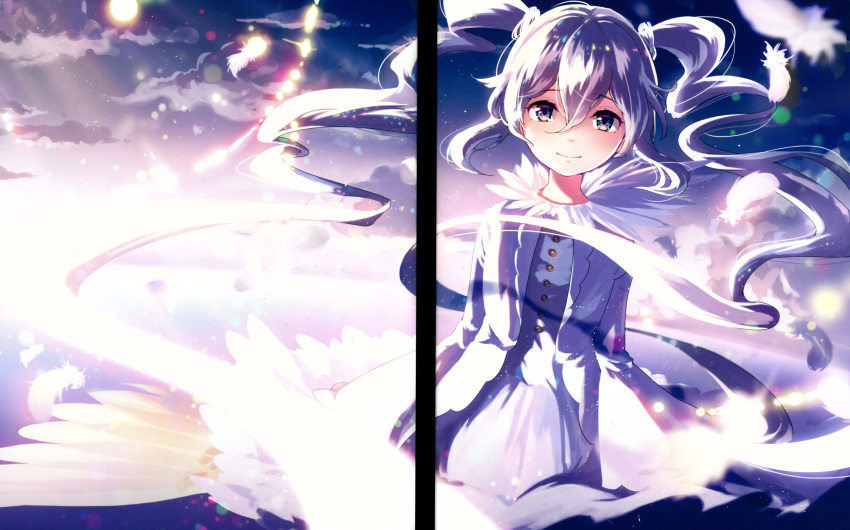 16:10_aspect_ratio, blue_hair, blush, dress, feathers, hatsune_miku, high_resolution, jacket