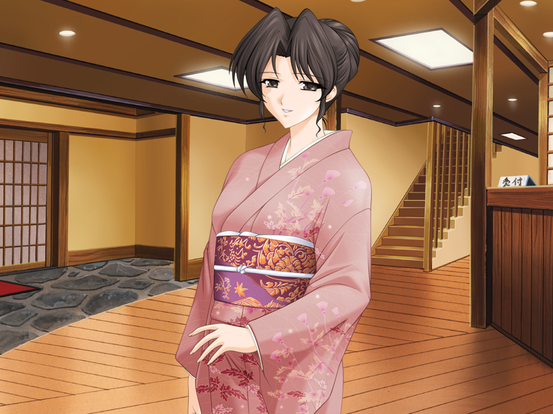 4:3_aspect_ratio, akashi_natsuko, black_eyes, brown_hair, ceiling, censored, female, game_cg