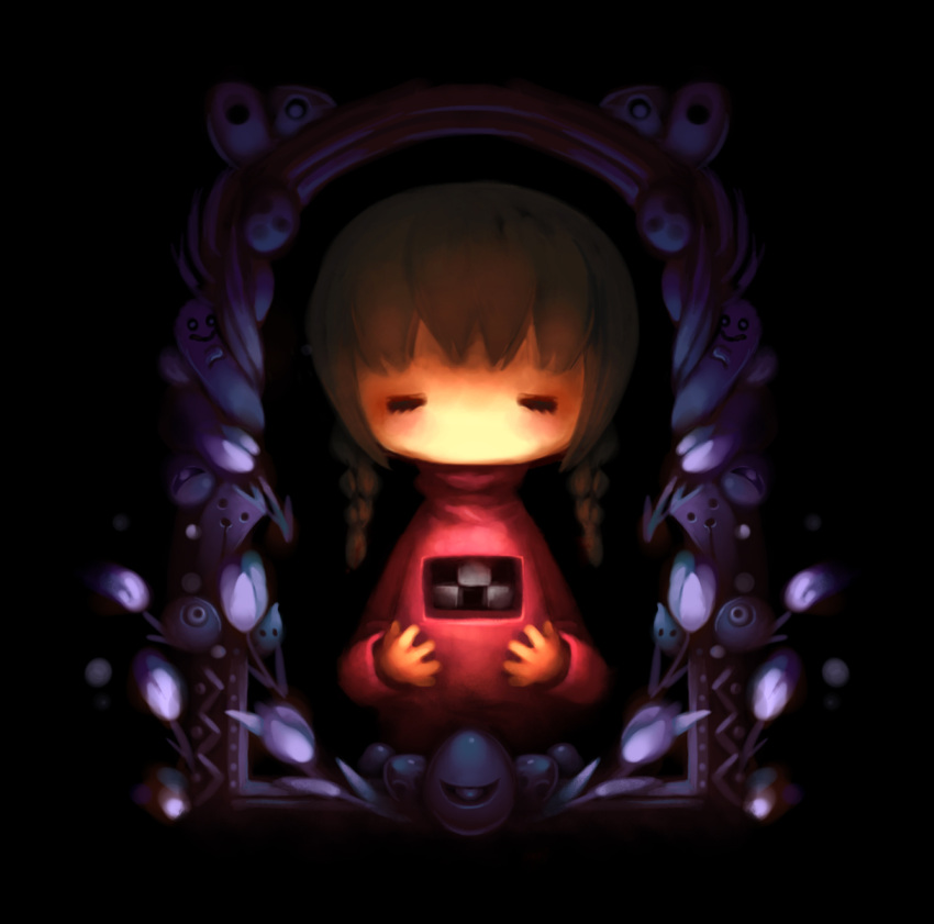 braid, brown_hair, chibi, flower, high_resolution, kyukyu-kun, long_hair, madotsuki