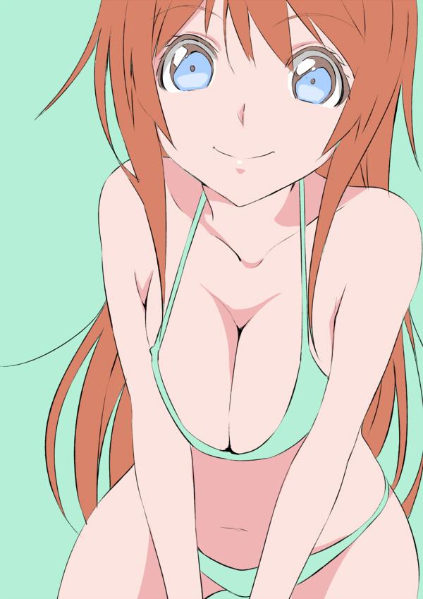 1girl, bikini, blue_eyes, breast_squeeze, breasts, brown_hair, cleavage, collarbone