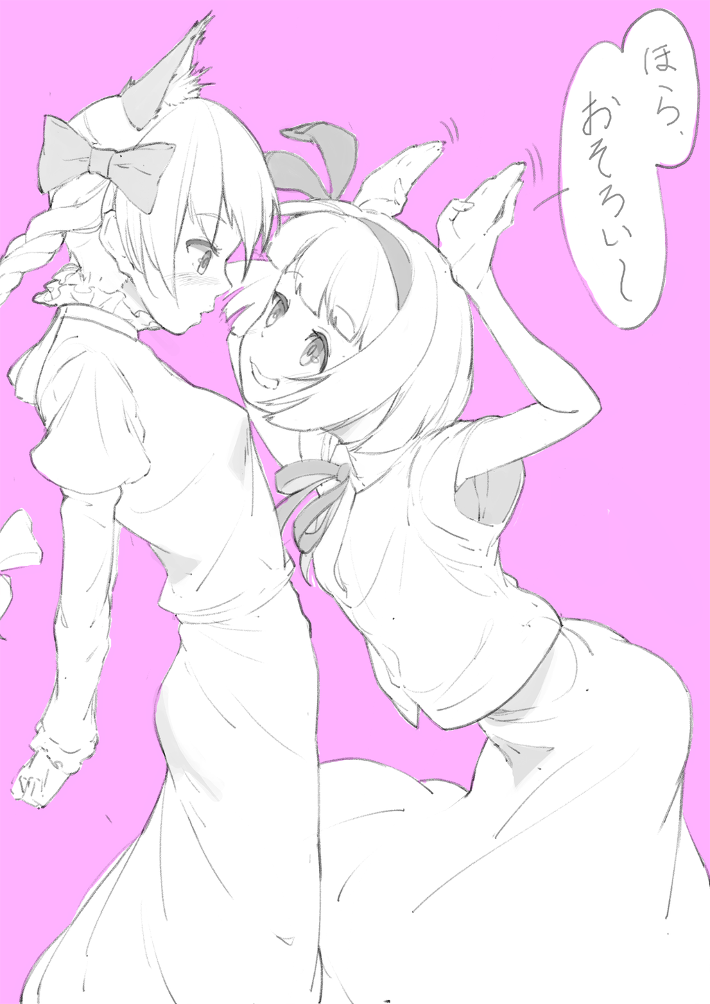 2girls, animal_ears, arms_up, blush, bow, braid, cat_ears, dress